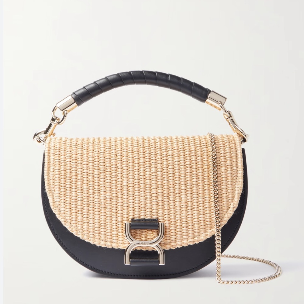 NWOT Chloe Marcie woven-raffia shoulder bag with crossbody chain.